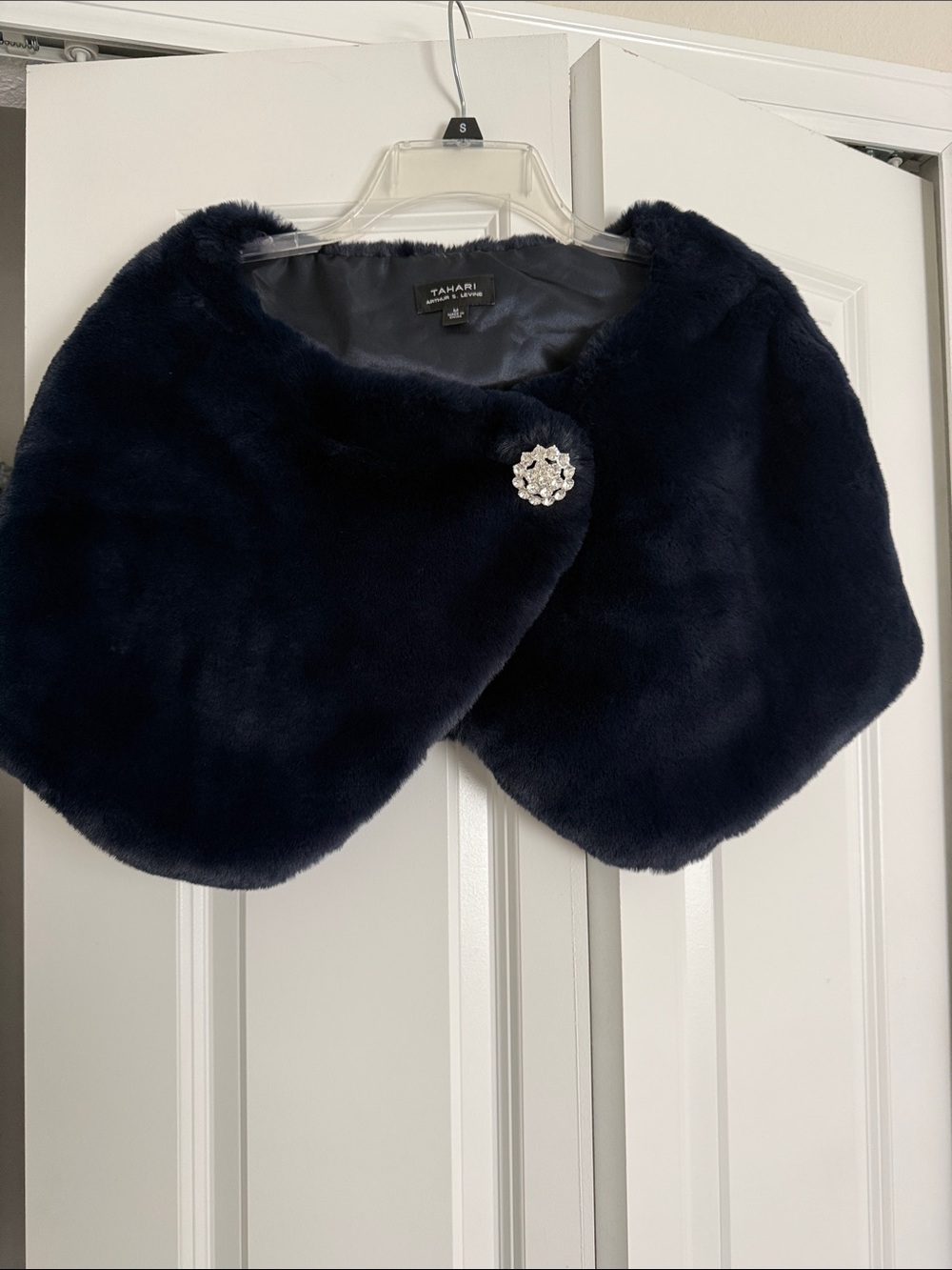 Tahari Navy Faux Fur Shoulder Wrap with Crystal Brooch